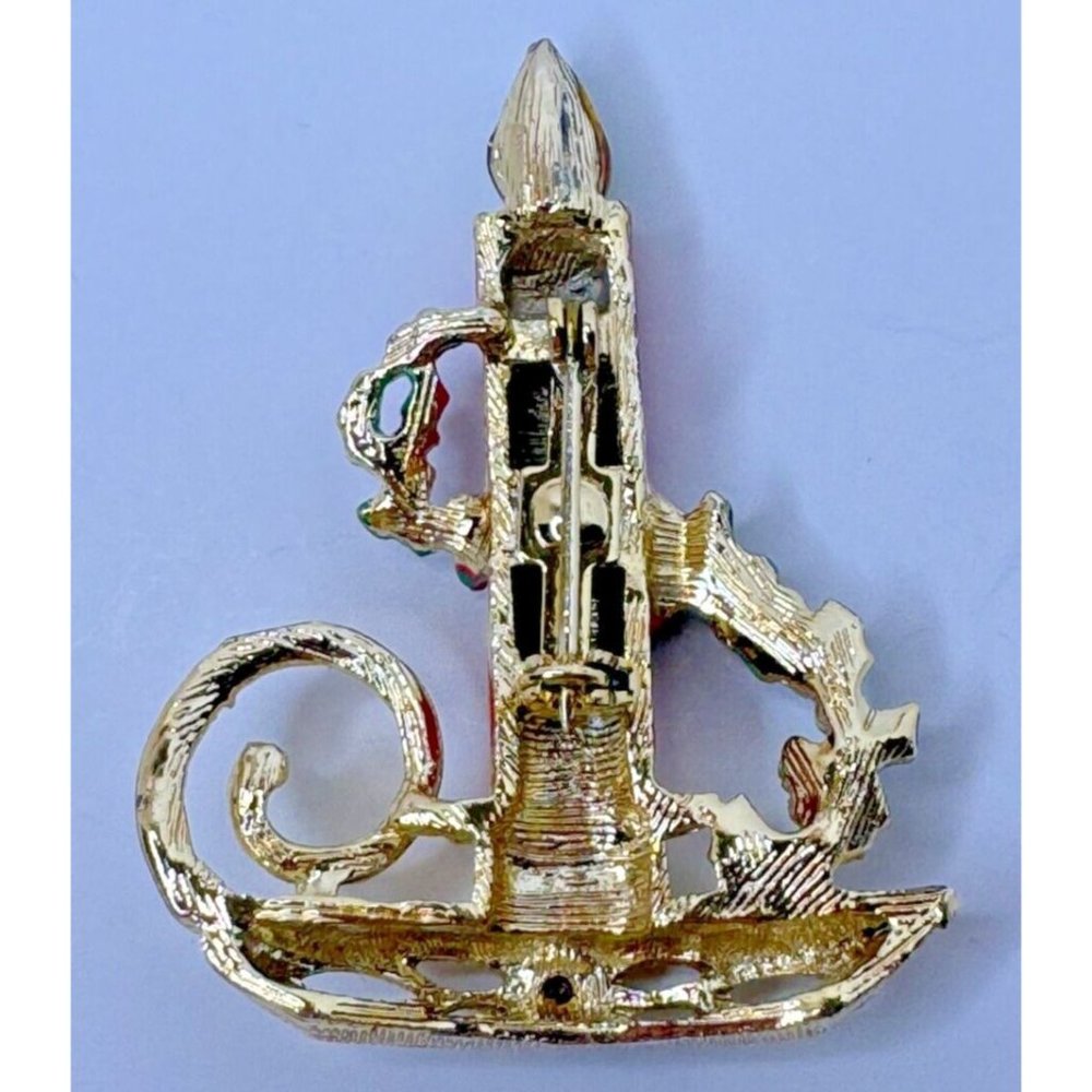 Vintage Christmas Candle Brooch Pin Jewelry Holly Enamel Green Flame Holidays - Picture 5 of 5